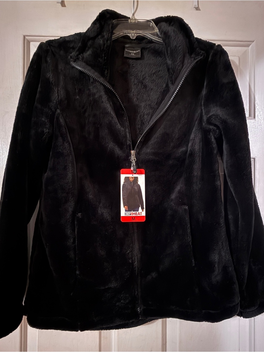 32 Degrees Heat Womens Medium Black Plush Jacket Faux Fur Fleece Pockets Soft